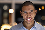 Business man portrait, smile and corporate worker ready for financial and accounting work at night. Company vision and happiness of a black man smile about finance growth in a modern office 