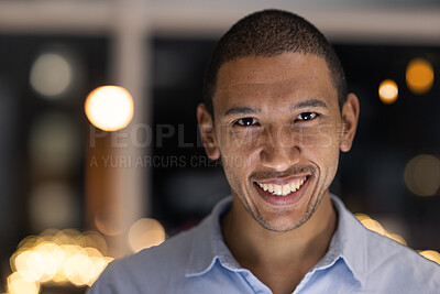 Buy stock photo Business man portrait, smile and corporate worker ready for financial and accounting work at night. Company vision and happiness of a black man smile about finance growth in a modern office 