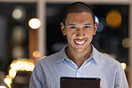 business man, tablet and happy portrait of a digital fintech employee at night with a smile. Finance project management worker with technology and happiness working on financial software and project 