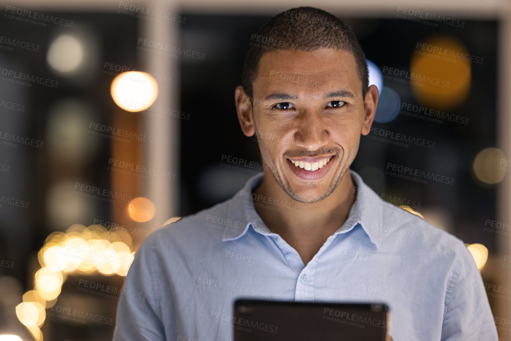 Buy stock photo Business man, tablet and happy portrait of a digital fintech employee at night with a smile. Finance project management worker with technology and happiness working on financial software and project 