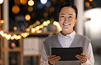 Digital, business woman portrait and tablet of a software tech worker at night with a smile. Corporate coding and technology employee in a office happy about company online vision and seo growth