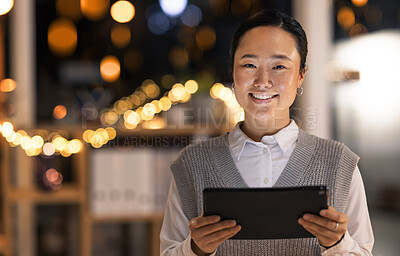 Buy stock photo Digital, business woman portrait and tablet of a software tech worker at night with a smile. Corporate coding and technology employee in a office happy about company online vision and seo growth