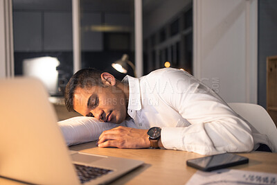 Buy stock photo Work fatigue, business man and sleeping office employee feeling burnout from night deadline. Sleep of a digital finance worker working late on a computer with technology tired of online fintech work