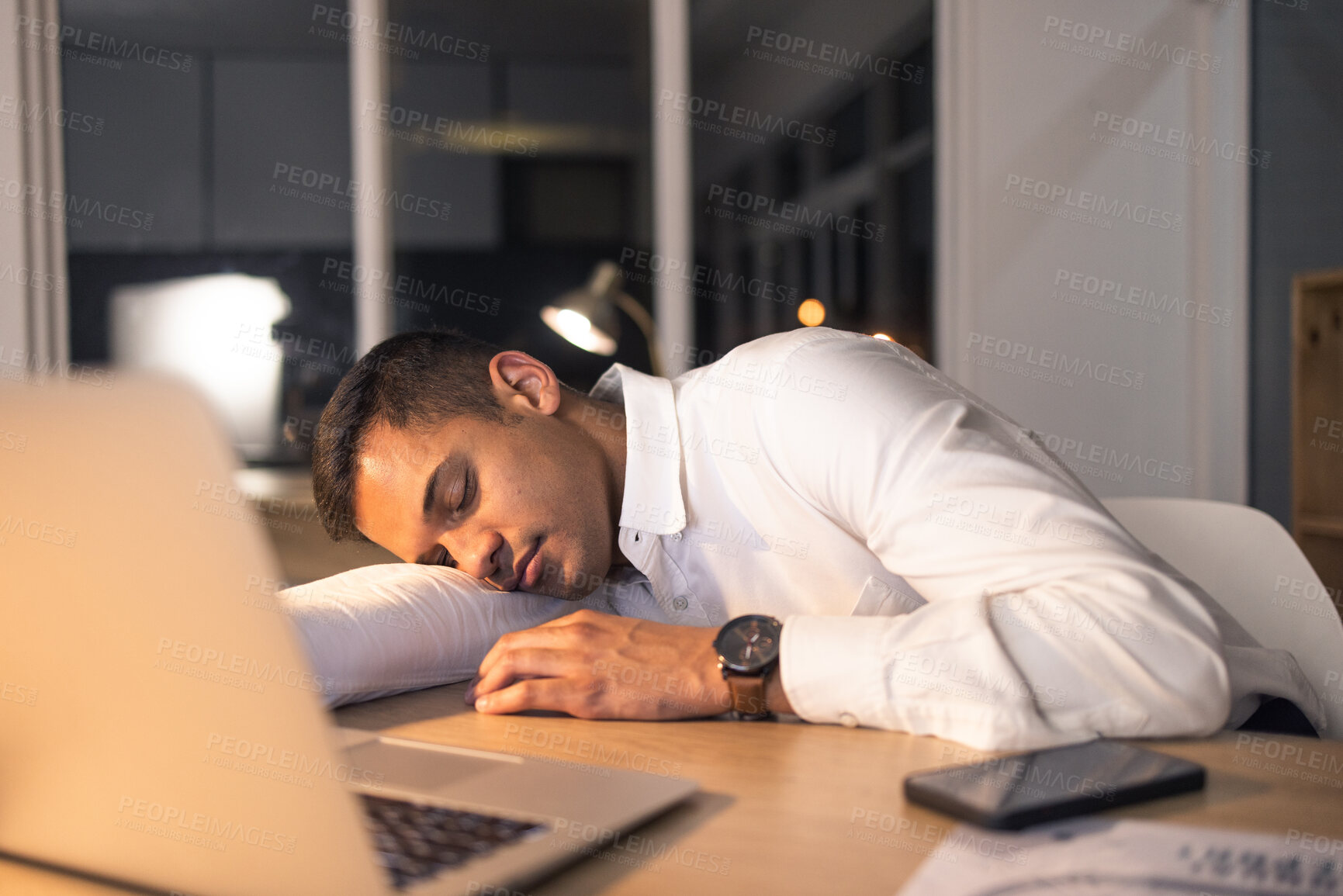 Buy stock photo Work fatigue, business man and sleeping office employee feeling burnout from night deadline. Sleep of a digital finance worker working late on a computer with technology tired of online fintech work