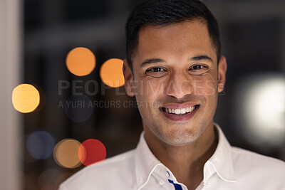 Buy stock photo Business man portrait, smile and night working of a accountant worker ready for late financial job. Corporate businessman with finance company growth vision happy about accounting office work 