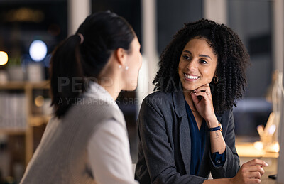 Buy stock photo Night, office and business meeting women with teamwork, collaboration and brainstorming global marketing ideas for client negotiation. Corporate employees in dark workplace for strategy communication