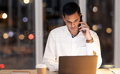 Buy stock photo Phone call, laptop and night with businessman in office with coffee for overtime, management and email. Technology, internet and corporate with employee at desk for deadline, schedule or project