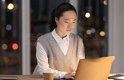Buy stock photo Overtime, email and business woman on a laptop, typing and planning on the internet in a dark office. Corporate, strategy and Asian employee working on the web for a deadline on a pc at night