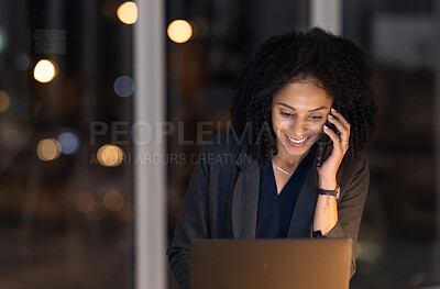 Buy stock photo Phone call, night and laptop with business woman in office for leadership, overtime and management. Technology, vision and communication with black woman for corporate, planning and global networking