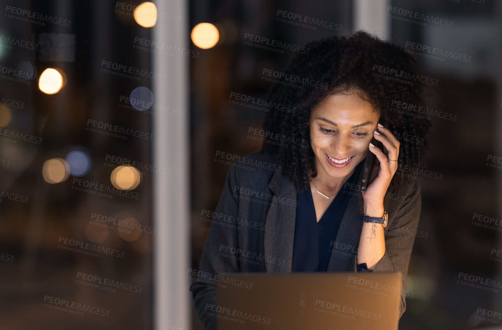 Buy stock photo Phone call, night and laptop with business woman in office for leadership, overtime and management. Technology, vision and communication with black woman for corporate, planning and global networking