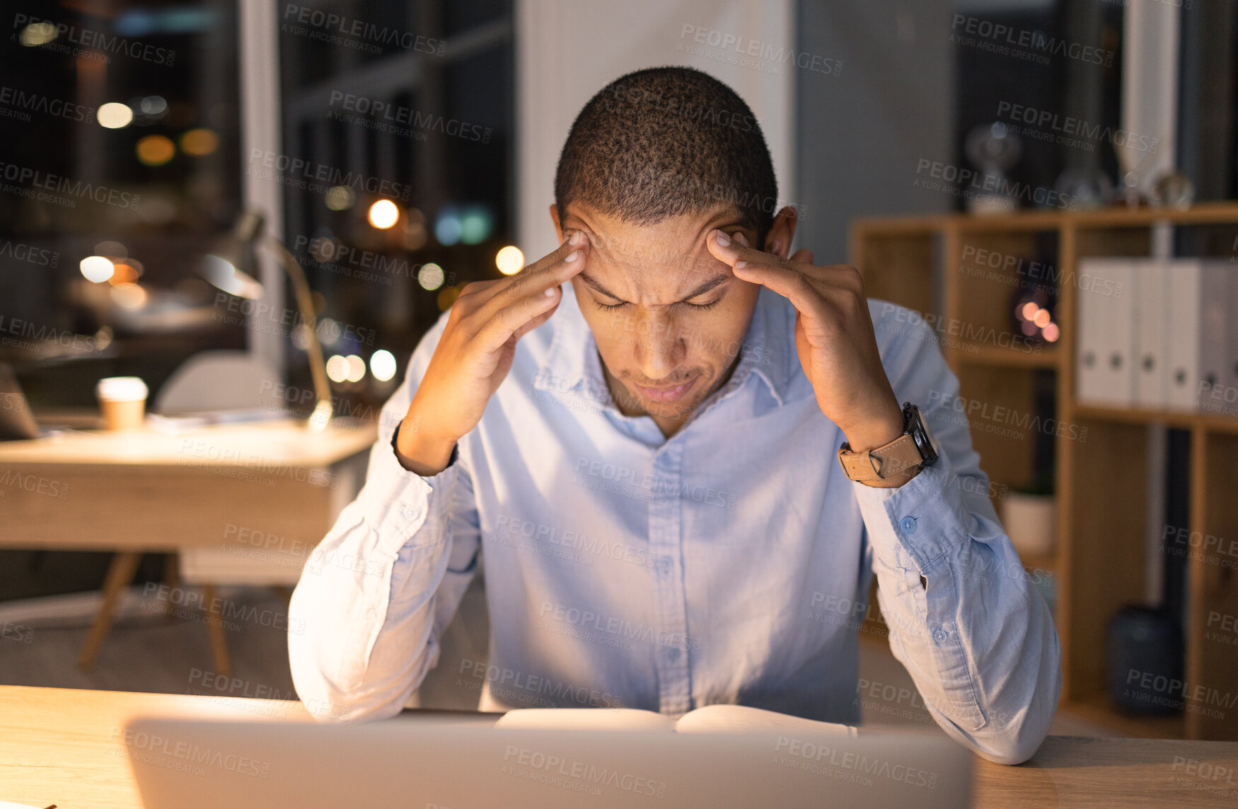 Buy stock photo Stress, headache and laptop with businessman at night for deadline, overworked and burnout. Tired, fatigue and sleep with employee at desk for frustrated, mental health and productivity problem