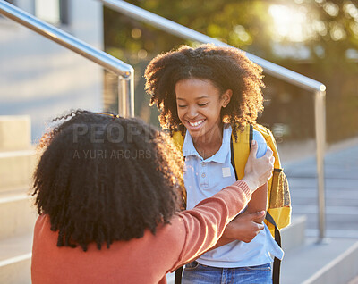 Buy stock photo School, education and mom with girl in the morning for back to school, learning and child development. Black family, love and mother saying goodbye to child ready for primary school, lesson and class
