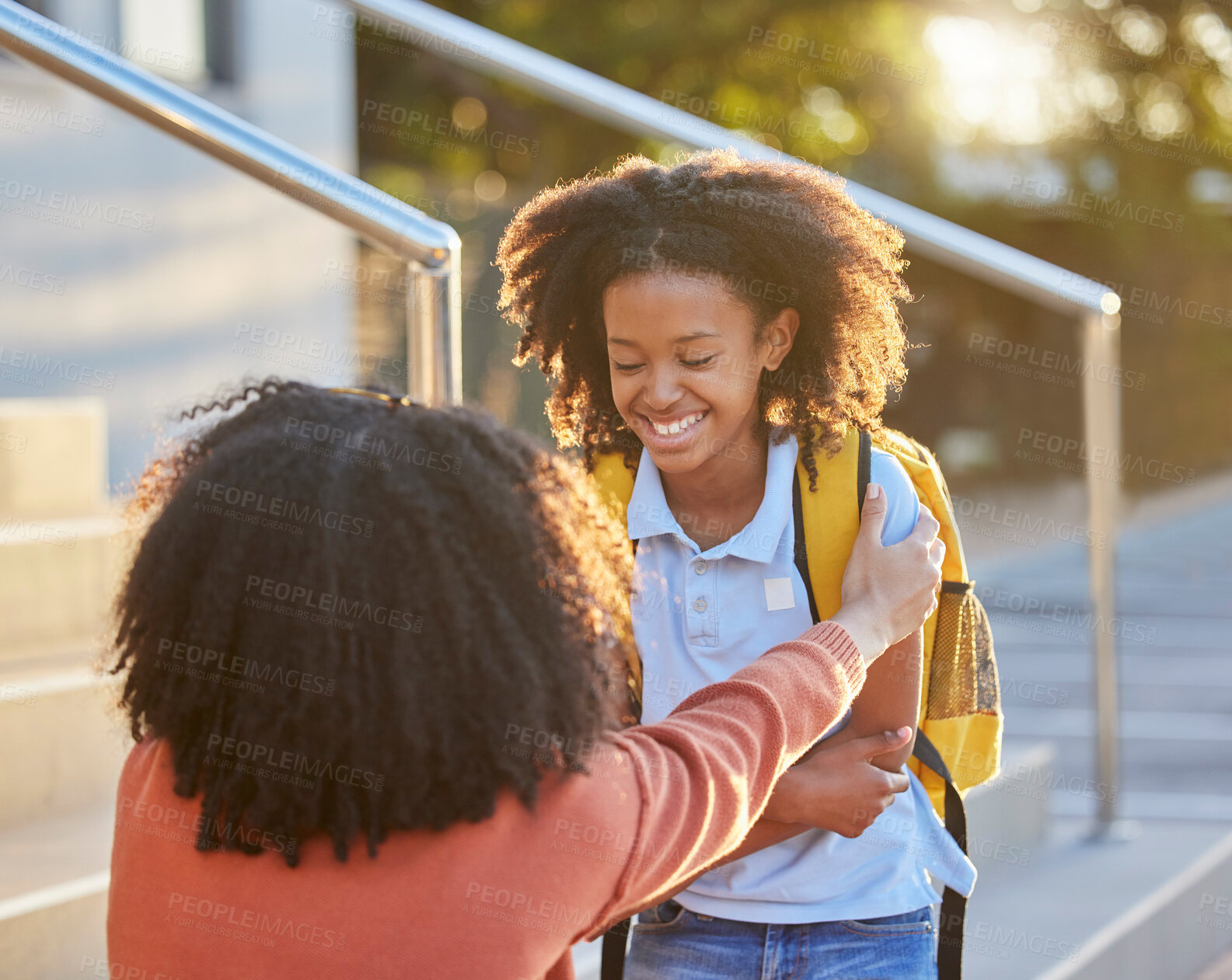 Buy stock photo School, education and mom with girl in the morning for back to school, learning and child development. Black family, love and mother saying goodbye to child ready for primary school, lesson and class