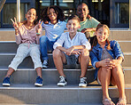 School, friends and children sitting on steps smiling, happy and excited for learning, class and lesson. Education, back to school and portrait of young students in primary school ready for knowledge