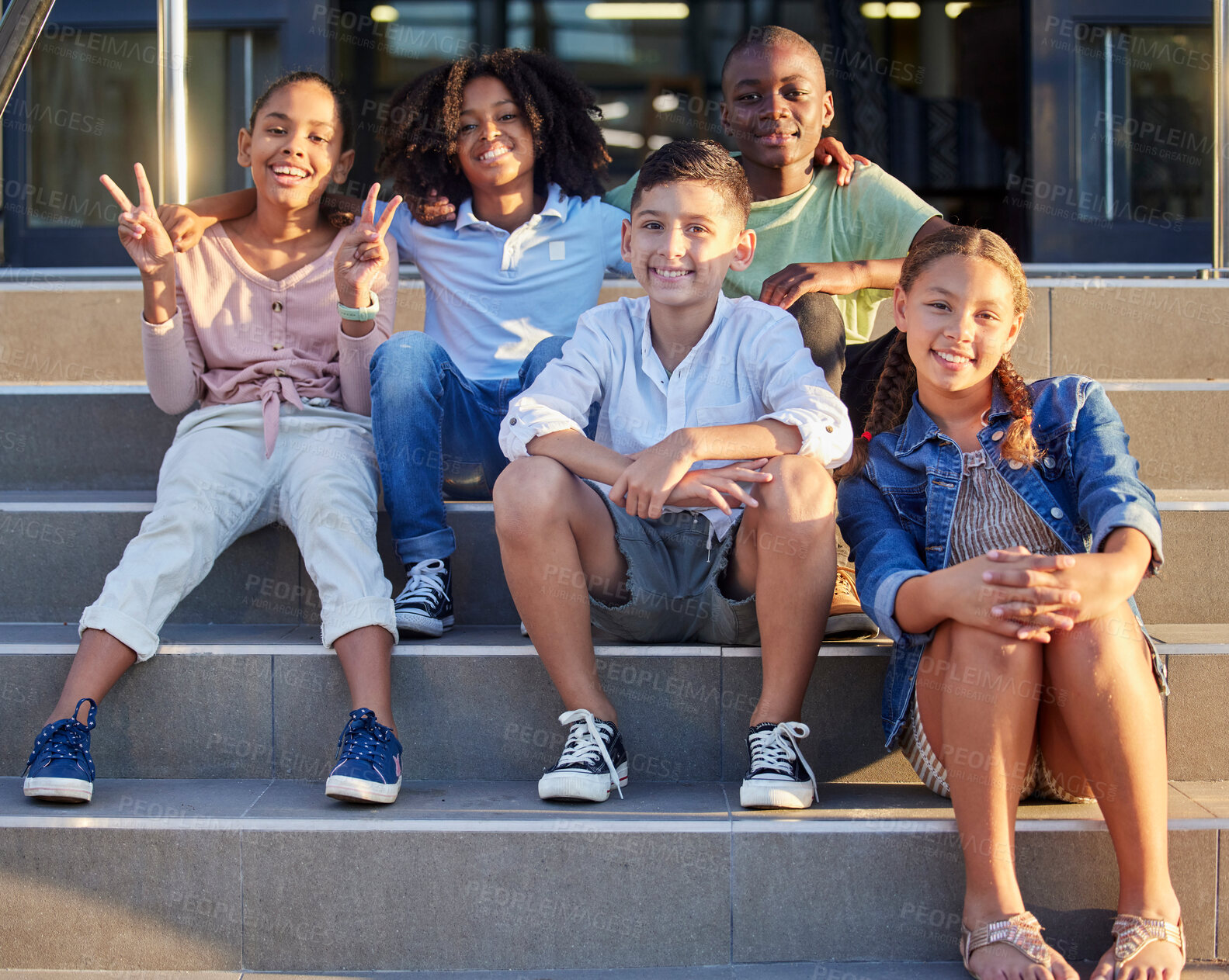 Buy stock photo School, friends and children sitting on steps smiling, happy and excited for learning, class and lesson. Education, back to school and portrait of young students in primary school ready for knowledge