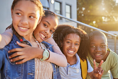 Buy stock photo Young children, selfie and friends together, pose in outdoor portrait, social and students on school campus. Education, learning and primary school kids smile in photo with diversity and friendship.