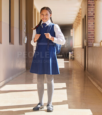 Buy stock photo School, student girl and in uniform for education, class and happy with smile, confident and outdoor. Portrait, female pupil or learner with happiness, pride or ready for lesson, teaching or studying