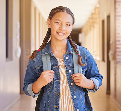 Buy stock photo School, Backpack and portrait of girl student with education to learn, study and have knowledge. Happy, smile and child standing in the hallway or aisle with her bag for class in a high school campus