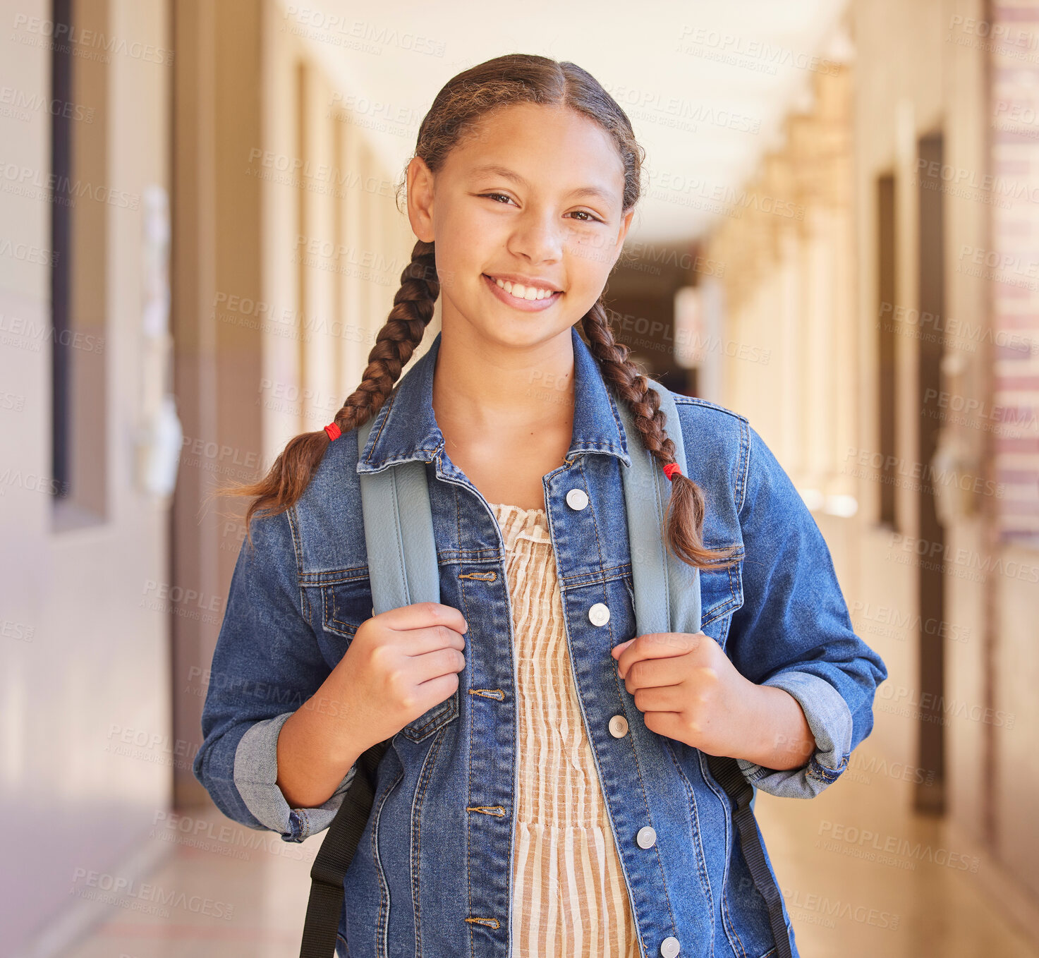 Buy stock photo School, Backpack and portrait of girl student with education to learn, study and have knowledge. Happy, smile and child standing in the hallway or aisle with her bag for class in a high school campus