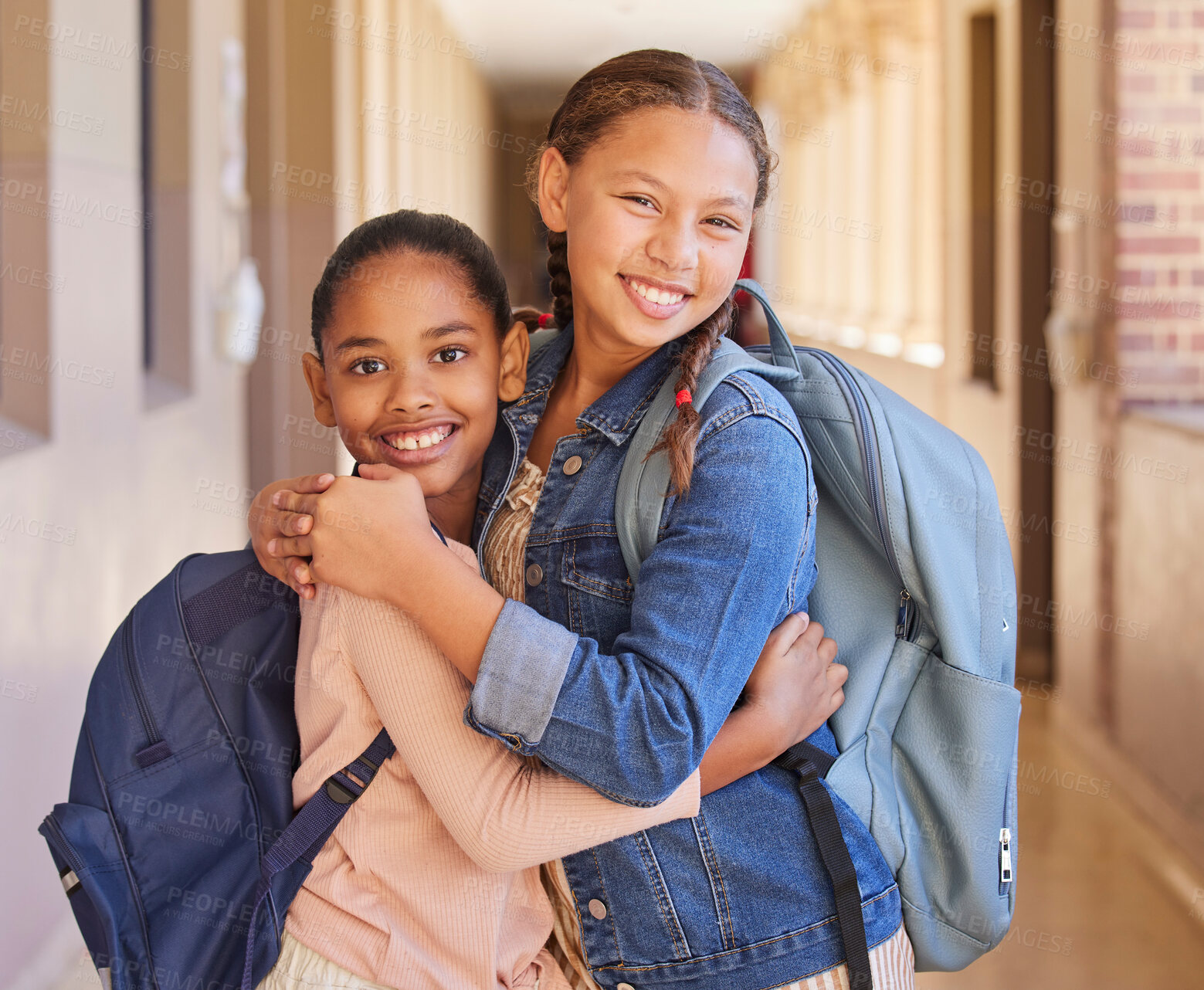 Buy stock photo Children, school and backpack on happy students or friends excited about learning, education and making friends. Portrait of girl kids together diversity, knowledge and development in hallway