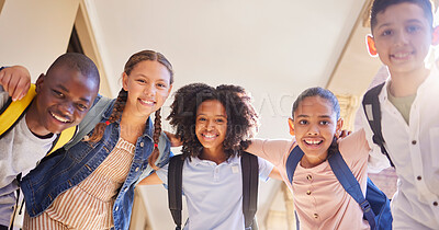 Buy stock photo School, circle and children portrait for group support, learning and education with diversity friends outdoor. Happy, back to school and knowledge of students or kids with backpack hug together