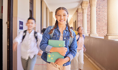 Buy stock photo School, hallway and portrait of girl with smile, books and backpack for future learning. Education, happiness and knowledge, happy young student outside classroom with kids running to class in USA.