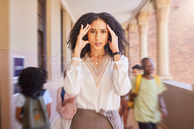 Buy stock photo Black woman, teacher and headache stress at school, academy or learning campus with blurred background. Africa woman, portrait and pain for mental health, burnout or tired in education workplace