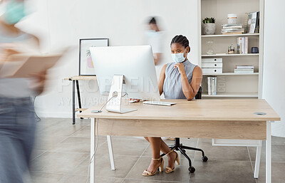 Buy stock photo Covid, office and black woman with busy people with face mask for health safety in workplace. Corporate, business and female worker using internet, working on computer and focused at desk in pandemic