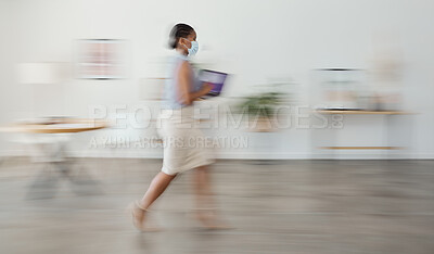 Buy stock photo Woman, fast walking and mask in office, working or businesswoman in workplace. Corporate employee, covid social distancing and black woman speed walk for workforce or busy agency manager commitment 