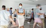 Covid, busy office and business woman in portrait for policy, compliance and risk management with startup productivity. Health, safety staff and Human Resources black woman in corona virus face mask