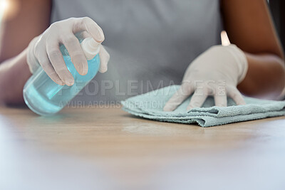 Buy stock photo Cleaning, table and woman with spray bottle, cloth and dusting furniture in home. Closeup hands of cleaner, housekeeper and maid, surface disinfection and liquid detergent product for bacteria safety