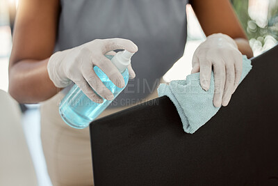 Buy stock photo Hands cleaning, sanitizer and chair in office for hygiene, safety and protection from covid 19 in workplace. PPE, cleaner woman and spray furniture for health at digital marketing business for covid