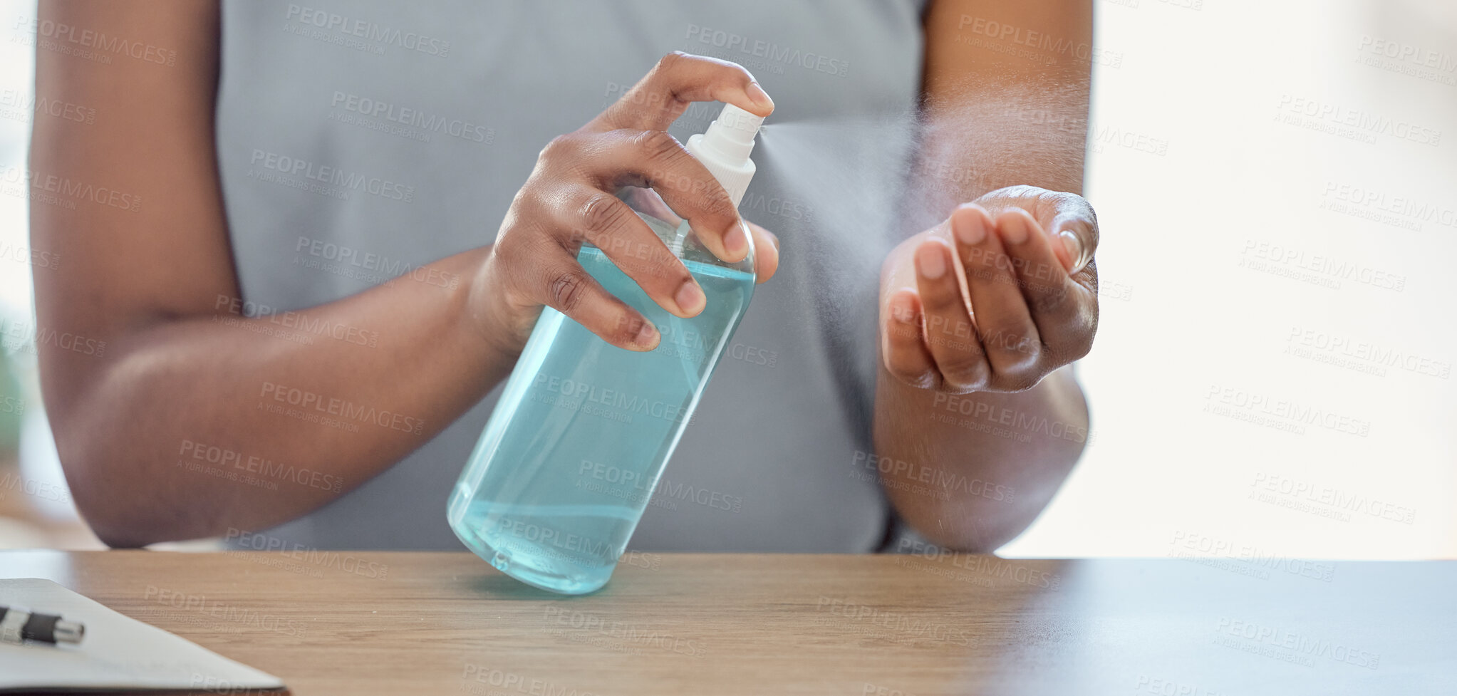 Buy stock photo Hand sanitizer, business woman and covid risk management, healthcare or safety in office to stop corona virus, cleaning compliance and hygiene. Spray bottle, liquid and product of bacteria protection