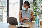 Covid, laptop and black woman on a video call marketing a business proposal or startup paperwork feedback. Agenda, coronavirus and African employee in mask speaking, communication or talking online