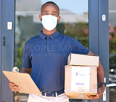 Buy stock photo Delivery, black man and covid face mask with a box and clipboard at door for export courier service with safety compliance. Logistics, ecommerce and shipping worker with package during coronavirus