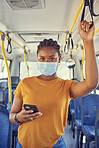 Bus, public transport and black woman with phone and covid face mask during travel for safety compliance and health. Portrait of female during covid 19 with smartphone for communication and schedule