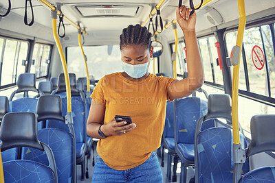 Buy stock photo Black woman, bus transport or travel with mask for safety, protection or health from covid 19. PPE woman, smartphone and medical healthcare to stop bacteria, covid or virus in metro transportation