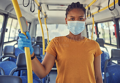 Buy stock photo Transport, covid and portrait of black woman on bus travelling on public transport in city. Travel, commute and girl with medical gloves and face mask for health, safety and protection in pandemic
