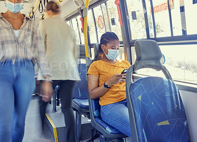 Buy stock photo Travel, covid and woman on a bus with face mask for compliance, safety and bacteria protection in a city. Corona, public transport and girl riding busy transportation downtown during global pandemic