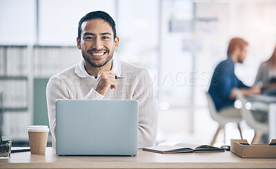 Buy stock photo Laptop, office and portrait of Asian businessman with smile on face for confidence, leadership and success. Startup, tech and male entrepreneur ready for planning, strategy and working on computer