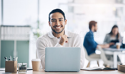 Buy stock photo Business man, laptop and smile of asian worker in creative office for digital marketing, management and copywriting for social media target audience. Portrait of entrepreneur at desk for online work