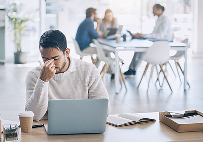 Buy stock photo Stress, laptop and burnout with a business man at work on his laptop while suffering from a headache. Compliance, computer and anxiety with a male employee working while struggling with fatigue