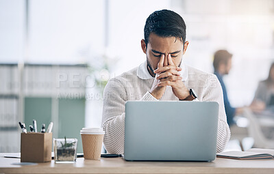 Buy stock photo Stress, laptop and Asian man with headache, anxiety and issues with planning, internet browse and office. Young male, upset entrepreneur and tired business owner with burnout, upset and mental health