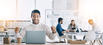 Buy stock photo Winning, achievement and businessman with trading success, stock market motivation and online deal with a laptop. Winner, wow and marketing employee happy to celebrate while reading email in office