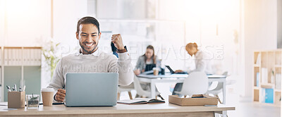 Buy stock photo Man, laptop and celebrate at office desk for success, deal or crypto on internet at startup. Winner businessman, computer or smile for winning celebration, bitcoin goal and stock market achievement