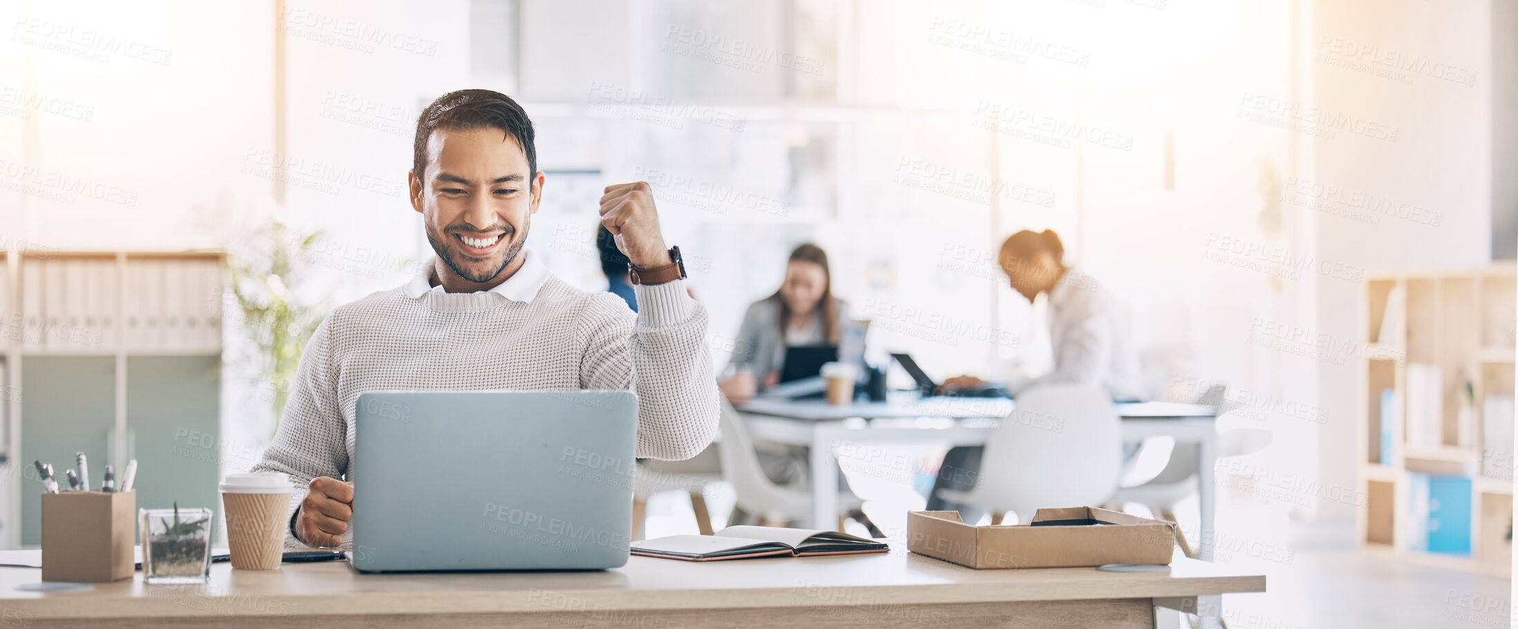 Buy stock photo Man, laptop and celebrate at office desk for success, deal or crypto on internet at startup. Winner businessman, computer or smile for winning celebration, bitcoin goal and stock market achievement