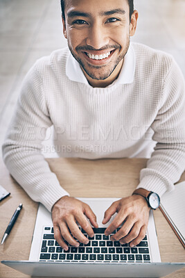 Buy stock photo Laptop, portrait and asian businessman at desk for startup career in copywriting, digital marketing and online research. Planning, working and young business man with inspiration, ideas and happy job