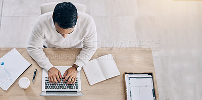 Buy stock photo Business man, home office and computer working of a digital employee in a house busy. Businessman email above view, web research and website of online accounting manager planning a financial project