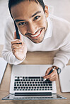Laptop, phone call and business man with startup planning, marketing copywriting and online productivity at office desk. Networking, technology and sales businessman communication from above portrait