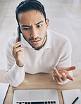 Closeup, man and confused phone call in office at finance, accounting or financial company. Zoom, businessman and smartphone conversation in corporate, small business and question in customer service